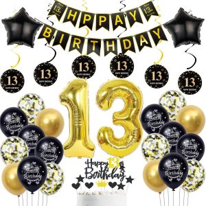 Décoration Anniversaire 13 Ans Garçon Fille-Ballons Noir et Or,Happy Birthday Banner,Déco Gâteau - Neuf