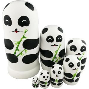 Ensemble de 7 poupées russes Matriochka en bambou faites à la main avec un adorable panda - Neuf