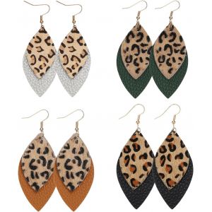 Kal-4 Paires De Boucles D'oreilles À Imprimé Léopard, Boucles D'oreilles Pendantes Personnalisées, Boucles D'oreilles En Cuir Pour Femmes, Bijoux À La Mode, Accessoires Vestimentaires - Neuf