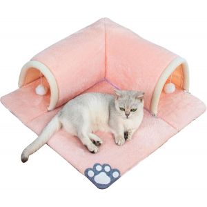 Letnerny-Lit Tunnel Pour Chat 2 En 1 Avec Tapis, Tube De Jeu Amovible Pour Chatons - Lavable - Tapis De Grotte Pour Chaton Avec Balle - Tapis Pour Chat - 50 X 50 Cm (Rose) - Neuf