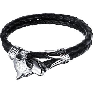 Kal-Homme Bracelet Cuir Tête De Loup Noir Bracelet, Cuir, Sans Pierres Précieuses - Neuf