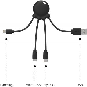 Kalanka-Octopus - Câble Multi Usb 4 En 1 En Forme De Pieuvre - Chargeur Universel En Plastique Recyclé - Prise Usb-C, Lightning, Usb-A, Micro Usb Pour Smartphone - Noir - Neuf