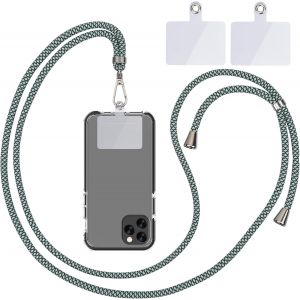 Kal-Chaîne De Téléphone Portable Universelle -Cordon Universel Pour Téléphone Portable À Suspendre Autour Du Cou -Avec Cordon De Téléphone Portable -Réglable Et Amovible -Bandes Vertes Et Blanche - Neuf