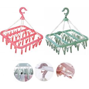 JEXNOVASHOP-Etendoir Chaussette, 2PCS Etendoir A Linge A Suspendre Clips Sechoir Portable Etendoir Plastique avec 40 Clips pour Chaussettes sous-Vetements Vetements Serviettes(Rose,Vert) - Neuf