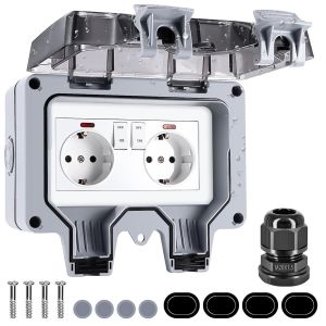 Prise Exterieure Etanche IP66, Prise Murale ext&eacute;rieure avec Interrupteur T&eacute;moin Lumineux, Double Prise de Courant &eacute;sistant aux intemp&eacute;ries Montage en Saillie Murale de Jardin - Neuf