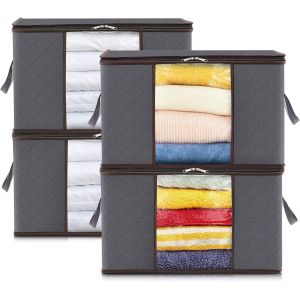 Lot de 4 Sac de Rangement 75L,Boite Rangement Vetement Pliable,Caisse Rangement sous Lit,Cartons D&eacute;m&eacute;nagement,Housse de Rangement Couette pour V&ecirc;tements,Couvertures,Jouets,Gris - Neuf