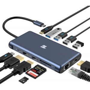 Hub Usb C, Adaptateur Usb C, Adaptateur Triple Écran 12 En 1 Avec Double 4K Hdmi, Displayport, 100W Pd 3.0, Ethernet Rj45, Ports Usb-A Usb-C, Lecteur De Carte Tf/Sd[Z806] - Neuf
