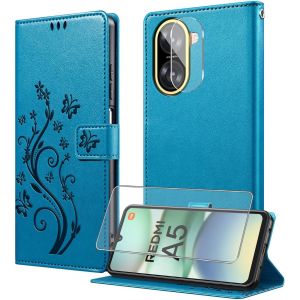 CAUC-Coque pour Xiaomi Redmi A5 4G avec 1 Verre Tremp&eacute;,1 Protection Camera,&Eacute;tuis Rabat [Housse en Cuir PU][Fentes pour Cartes][Pochette de Portefeuille][Stand Feature]- Bleu - Neuf