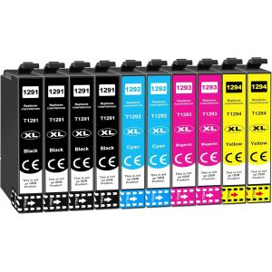 129XL T1295 Compatible Cartouches d'encre pour Epson T1291 T1292 T1293 T1294 pour Epson Stylus SX425W SX525WD SX445W SX235W Workforce WF3520 WF7620 Stylus Office BX305 (10 Pack) - Neuf