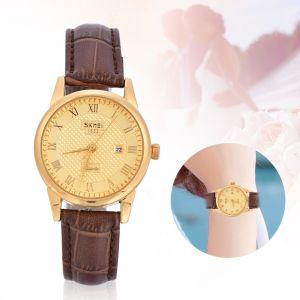 Montre A Quartz Analogique Ronde Pour Amoureux, Bracelet En Cuir (Cadran Dore, Bracelet Cafe, Femme) - Neuf