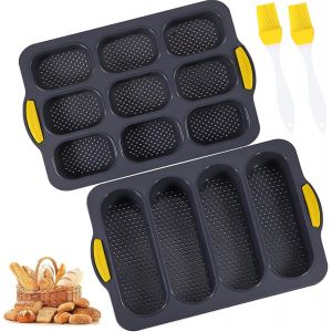 2 Pi&egrave;ces Silicone Moulle &Agrave; Baguette,Moule Perfor&eacute; Antiadh&eacute;sif,Plateau &Agrave; Baguette 4 Grilles,Mini Baguette Plaque &Agrave; P&acirc;tisserie 9 Grilles,Avec Brosse &Agrave; Huile,Pour Le Pain Fran&ccedil;ais - Neuf