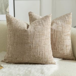 Cauc-Lot De 2 Housses De Coussin En Chenille Douce Design Texturé Noeud De Bambou Décoration Élégante Pour Canapé Lit Ou Salon 50x50 Cm Camel - Neuf