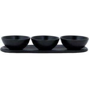 Kalanka-Service Ap&eacute;ritif En Gr&egrave;s Ellips, Noir, 4 Pi&egrave;ces - Assiette Ovale 28,5x9,5cm + 3 Coupelles D9cm - Neuf