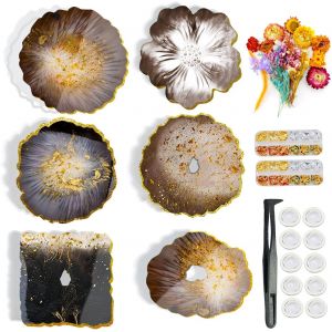 Moulle Silicone Resine Epoxy Coaster Moules En Silicone 6 Pcs Ensemble De Dessous De Verre En R&eacute;sine Silicone Fleurs Press&eacute;es S&eacute;ch&eacute;es Fragments De Feuilles D'or Forme Pour Artisanat Faire Diy - Neuf