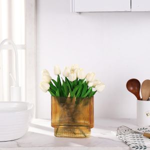Vase Nervuré Pour Fleurs, Vase En Verre Ambré Pour Tulipes, Vase À Fleurs Moderne, Vases En Verre Cannelé Pour Anniversaire, Mariage, Pendaison De Crémaillère, Anniversaire De Mariage - Neuf
