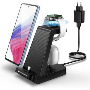 JGD-3 en 1 Station de Recharge pour Samsung, Chargeur Induction pour Galaxy S25/S24/S23/A16/A17, Chargeur sans Fil pour Galaxy Watch 5 Pro/4/3/Active, Galaxy Buds et Appareils avec Prises Type-C - Neuf