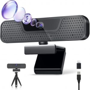 Webcam 4K mise au point automatique pour PC, 4 micros &agrave; r&eacute;duction de bruit AI UHD, correction automatique de la lumi&egrave;re, cam&eacute;ra Web d'ordinateur 85&deg;, webcam USB C Plug&Play avec tr&eacute;pied et cache de - Neuf