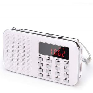Radio portable ultra-mince AM/FM/MP3/AUX/USB (blanche) J-908, batterie amovible rechargeable 1200 mAh, m&eacute;morisation et recherche automatique des stations - Neuf
