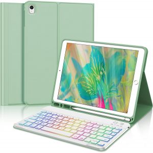 Kal-Coque Clavier Pour Ipad 9/8/7ème Gén 10.2 Pouces -Azerty Français Clavier Rétroéclairé 7 Couleurs Bluetooth Détachable Sans Fil, Étui Pour Ipad Air 3 10.5"", Vert Clair - Neuf