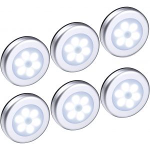 Lampe Détecteur De Mouvement, Veilleuse Led, Lampe De Placard, Alimenté Par Batterie, Lampe De Nuit Pour Escalier, Armoires, Alimenté, Capteur De Crépuscule, 6pcs Argent - Neuf