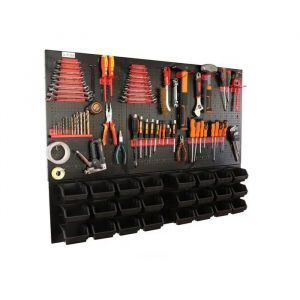 botle&reg; Panneau perfor&eacute; m&eacute;tallique, bacs empilables + &eacute;tag&egrave;re murale + porte-outils, lot de 51 pi&egrave;ces, 24 bacs empilables noirs - Neuf
