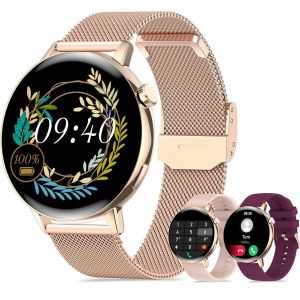 Iaret Montre Connectée Femme Avec Appel Bluetooth,1.32¿Hd Montre Intelligente Fonction Avec Féminine/ 20+ Sport/Fréquence Cardiaque/Spo2/Sommeil, Étanche Podomètre Pour Android Ios Or Avec 3 Bracelets - Neuf
