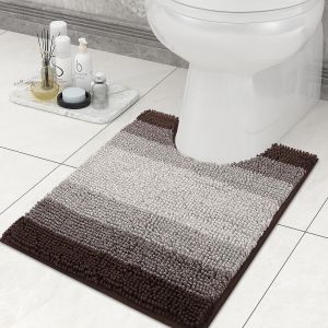 KAL-Tapis De Bain En Chenille - Absorbant Et Doux - Avec Découpe - 50 X 60 Cm - Antidérapant - Lavable - Pour Wc - Marron - Neuf