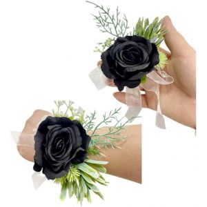 Kal-Bracelet Et Boutonni&egrave;re Pour Homme - Rose - Pour Bal De Fin D'ann&eacute;e, Mariage, C&eacute;r&eacute;monie, F&ecirc;te De Mariage, Bal De Fin D'ann&eacute;e, Couronne De P&eacute;tales Faits &Agrave; La Main (Noir) - Neuf