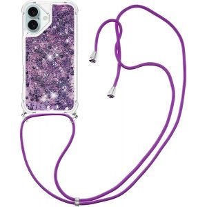 Coque Iphone 16 Tpu Transparente Paillettes Liquides Effet Sable Mouvant Avec Cordon Réglable 1,5 M - Protection Coins Airbag - Neuf