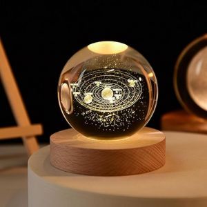 3d Lampe Boule De Cristal Sphere Lumineuse Veilleuses Pour Enfants Avec Base En Bois, Planete Lumi&egrave;re Ambiante - Veilleuse- Cadeau- Decoration Noel- Decoration Chambre - Neuf
