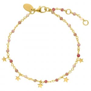 Bracelet Argent Dor&eacute; &Eacute;toiles Pierres Naturelles Quartz Rose Fraise - Neuf