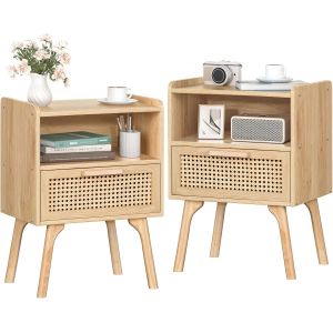 Ulteronixshop-Lot de 2 Tables de Chevet en rotin boh&egrave;me - Petite Table d'appoint en Bois avec tiroir et &eacute;tag&egrave;re Ouverte - Table de Chevet avec Pieds en Bois Massif - pour Salon, Table Basse, Chambre - Neuf