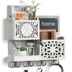 CAUC-Plaque &agrave; cl&eacute;s en bois avec &eacute;tag&egrave;re, porte-cl&eacute;s, &eacute;tag&egrave;re murale pour &eacute;tag&egrave;re &agrave; cl&eacute;s avec 2 cavit&eacute;s europ&eacute;ennes, porte-lettres, tableau &agrave; craie et 8 crochets, rangement de cl&eacute;s, porte-manteau - Neuf