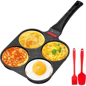 KALANKA-poele a pancakes, antiadhésive en aluminium pour poêle à pancake à 4 trous, appareil pancake avec Brosse à Huile de Silicone, pour petit-déjeuner oeuf, pour Cuisinière à Gaz (Noir) - Neuf