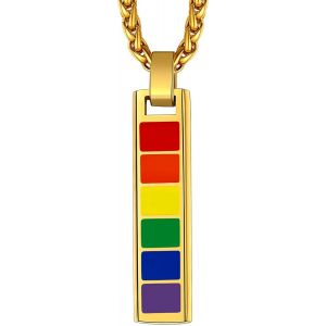 Kal-Collier Lgbt Homme Femme Personnalisable Pendentif Gay Pride Lesbien Arc En Ciel Acier Inoxydable/Or/Noir Avec Chaine Bijoux Prénom Graver Cadeaux Amour Homosexuel Couples (Boîte Cadeau) - Neuf