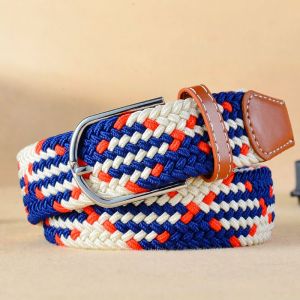 Ceinture Élastique Tressée Unisexe, Bleu, Blanc, Rouge, 0,41 X 1,3 Pouce, Décontractée, Pour Homme Et Femme, Avec Boucle En Cuir Pu - Neuf