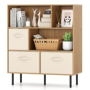 COSTWAY Biblioth&egrave;que &agrave; 4 Niveaux avec 6 Cubes, 3 Tiroirs en Tissu, Kits Anti-basculement pour Salon, Bureau, Chambre Naturel - Neuf