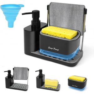 KAL-Distributeur De Liquide Vaisselle En Plastique Noir - Distributeur De Savon Avec Plateau, Porte-Éponge, Entonnoir Et Éponge - Distributeur De Savon De Salle De Bain - Convient Pour Évier De - Neuf