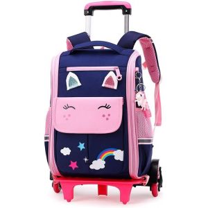 CHECARZHN--NO1-Cartable A Roulette Fille, 16 Pouces Légers Sac A Roulette Fille Primaire, Détachable Cartable Roulettes Enfant Pour Voyages Scolaires, 4-9 Ans, Bleu Rose - Neuf