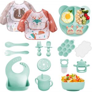 Coffret Repas Bebe 9 Pi&egrave;ces, Vaisselle Antiderapant Pour B&eacute;b&eacute; Set Silicone Avec Ventouse Assiette Bol Fourche Cuill&egrave;re Bavoir Et Tasse, Assiette Enfant Set, Sans Bpa (Vert Fonc&eacute;) - Neuf