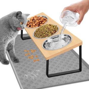 Cmws-Gamelle Pour Chat 3 En 1 En Acier Inoxydable Avec Support, Inclin&eacute;e, Bol Sur&eacute;lev&eacute; Amovible Pour Nourriture Et Eau, Tapis De Nourriture Pour Chat - Neuf
