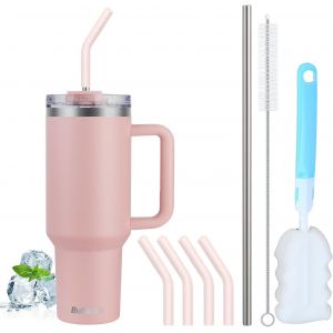 JEXNOVASHOP-Gobelet isotherme de 1200 ml avec paille et poignée, double paroi isolée en acier inoxydable, anti-fuite, sans BPA, passe au lave-vaisselle, rose, 1200 ml - Neuf