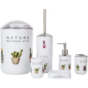 KAL-Jeu De 6 Accessoires De Salle De Bain Dont Distributeur De Savon, Brosse De Wc Et Porte-Brosse Funny - Neuf