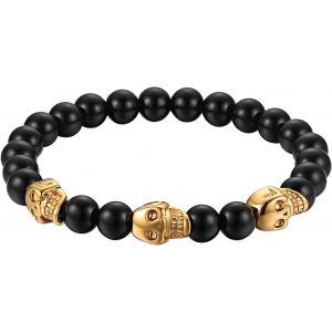 Kal-Bracelet Cuir Chapelet Bouddhique Perle Homme Corde R&eacute;glable Alliage Poignet Capitaine Pirate T&ecirc;te Mort Cr&acirc;ne Rivet Punk Rock Bijoux Fantaisie Couleur Noir Or - Neuf