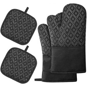 ERYI-Gants De Cuisine Lot De 4 Maniques - 2 Gants Antidérapants De Cuisine Et 2 Sets De Table Individuels, Gants De Four Design Antidérapant En Silicone Pour Cuisine,Pâtisserie,Grillage (Noir) - Neuf