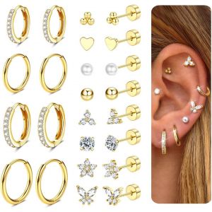 12 Pairs Boucles D'oreilles Femme Piercing Oreille Acier Inoxydable Boucle D'oreille Femme Plaqué Or 14k Creoles Argent Femme Piercing Helix Piercing Tragus Hypoallergénique Bijoux Femme - Neuf