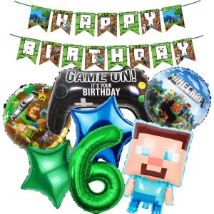CAUC-Lot de 8 d&eacute;corations d'anniversaire pour gar&ccedil;on de 6 ans - Motif Miner Gamer - Dessin anim&eacute; - Ballons d'anniversaire - Kit de d&eacute;coration d'anniversaire - Guirlande Happy Birthday - Guirlande pou - Neuf