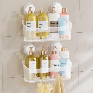Lot de 2 &eacute;tag&egrave;res amovibles robustes &agrave; ventouse pour salle de bain, shampooing, rangement mural en plastique pour accessoires de salle de bain, transparent - Neuf