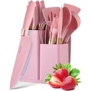Mevronisshop-Lot De 19 Ustensiles De Cuisine En Silicone Avec Support Et Couteaux De Cuisine Pour La Cuisine, Antiadh&eacute;sifs Et R&eacute;sistants &Agrave; La Chaleur, Avec Manche En Bois (Rose) - Neuf