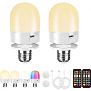 E27 Ampoule Rechargeable Avec Télécommande, Usb Ampoule À Piles Pour Lampe, Ampoule Rgb Couleur, 12 Couleurs À Température Dimmable, 3 Minuteries, Veilleuse Sans Fil, 800lm, 2200mah,1 Pack - Neuf